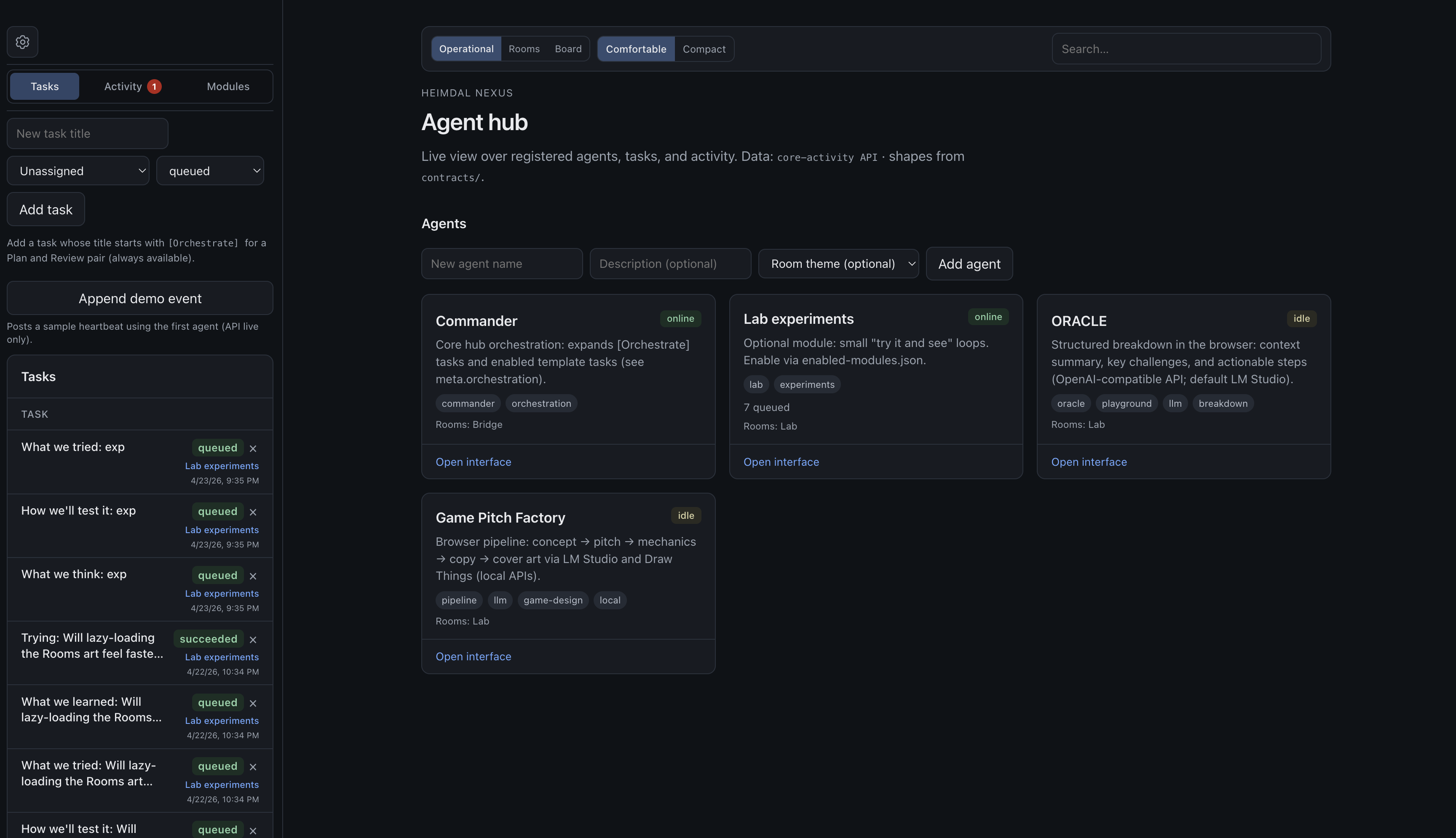 Operational home — agent rail, tasks, and live activity from the snapshot API.