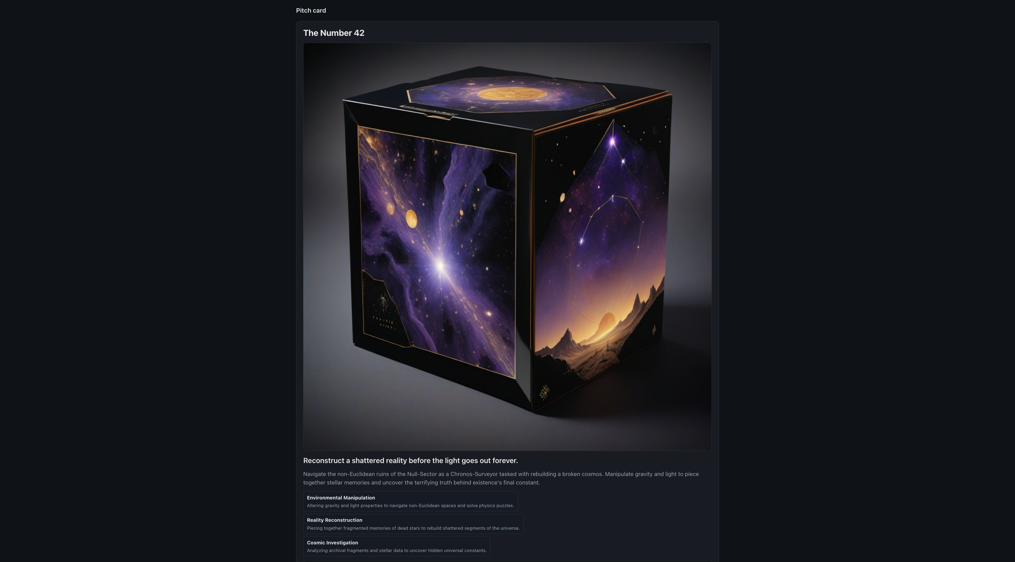 Final pitch card with generated box art — end-to-end output from a single concept.