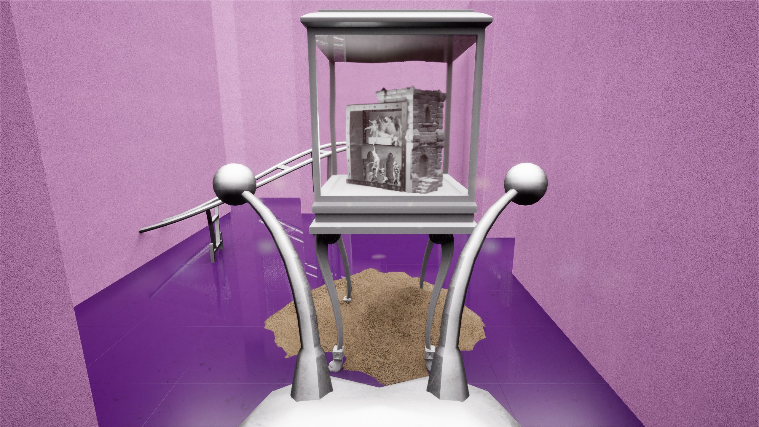 Miniature castle in a vitrine — one of the clues scattered through the corridors.