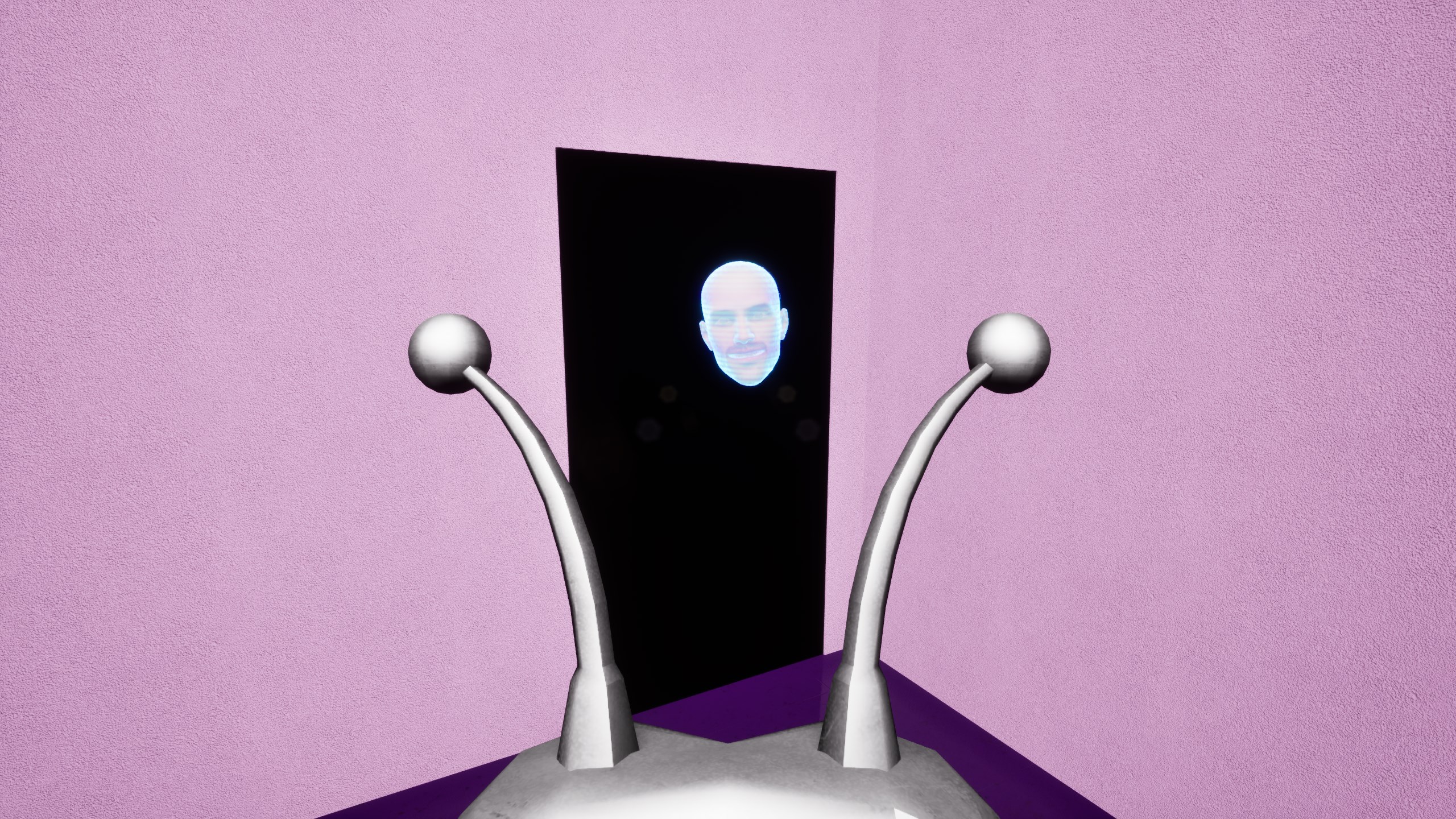 A holographic face at the blocked exit.