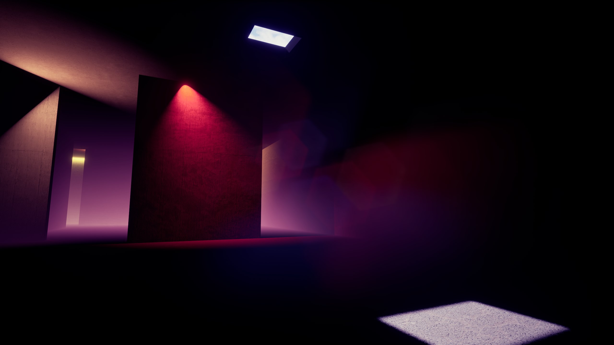 Architectural lighting — skylight, fog, and accent colour.