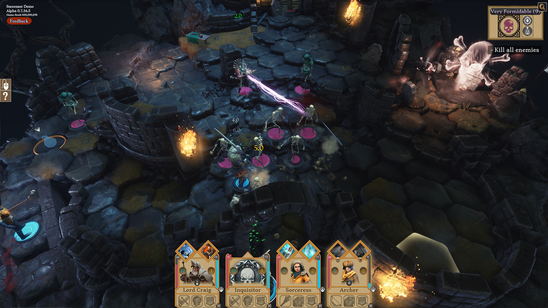 Hex-grid battle in a ruined dungeon — real-time-with-pause tactical combat.