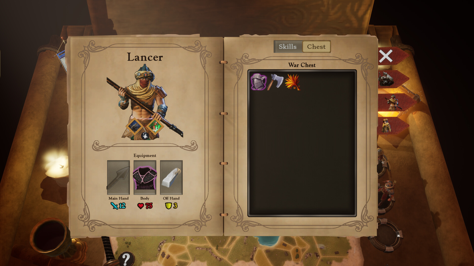 Kingdom map and character sheet — loot, skills and the path between battles.