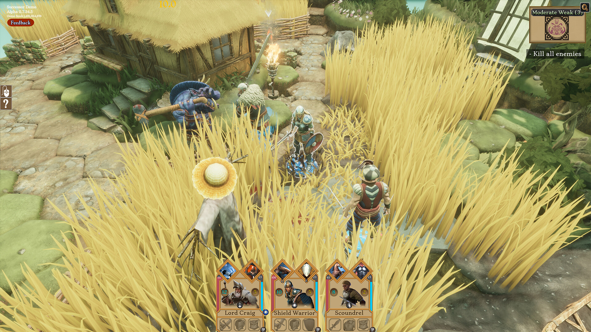 Tabletop-inspired miniature world — heroes and enemies on the campaign map.