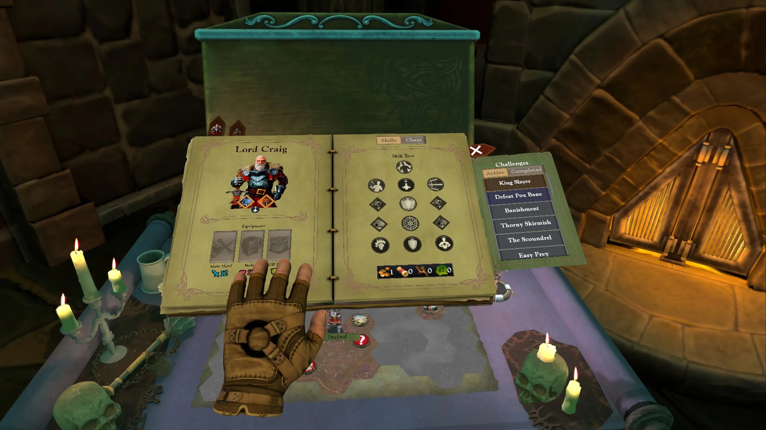 Hold the character book and skill tree in your hands above the campaign map.