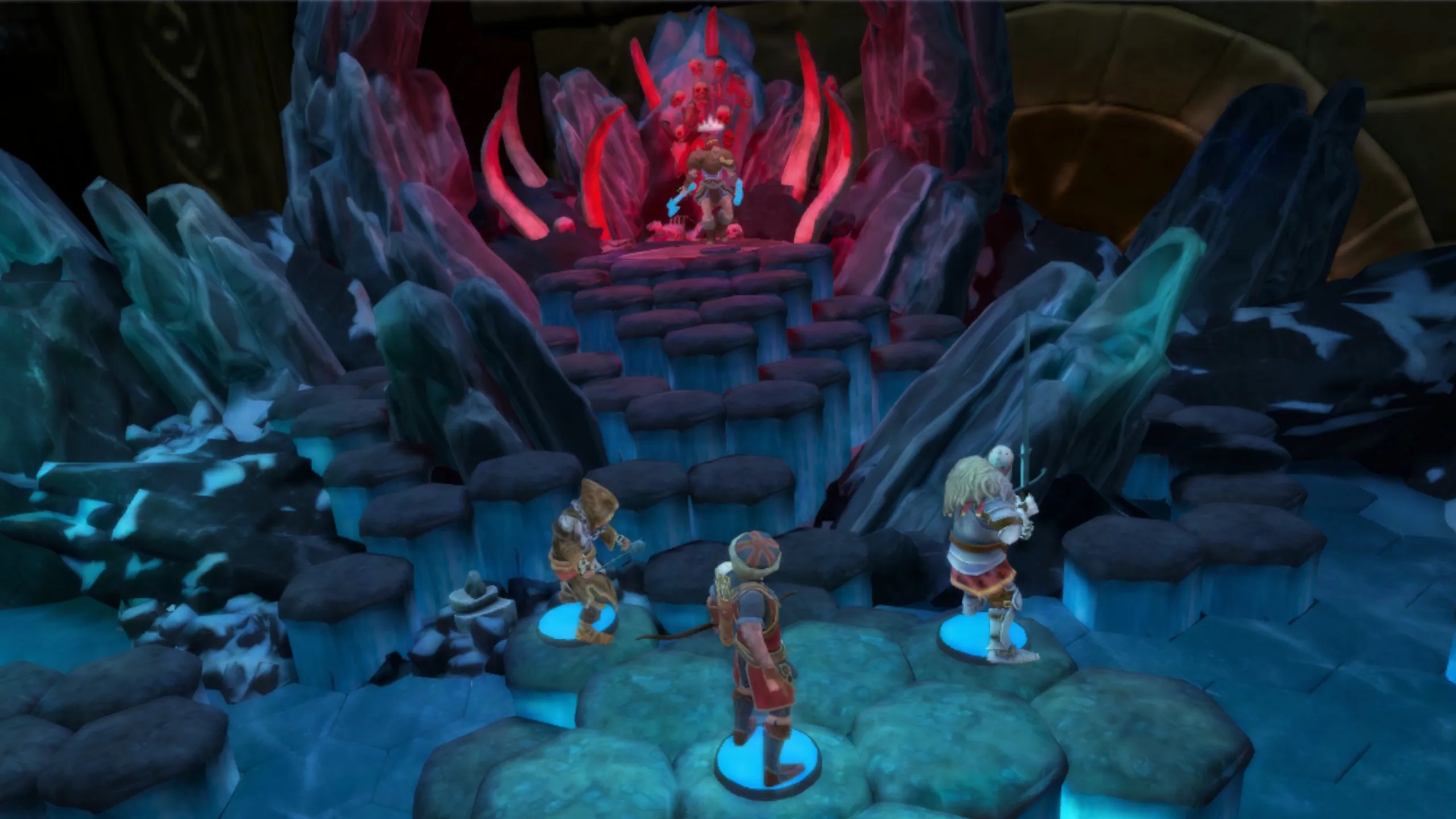 Hex-grid boss encounter in a crystalline cavern arena.