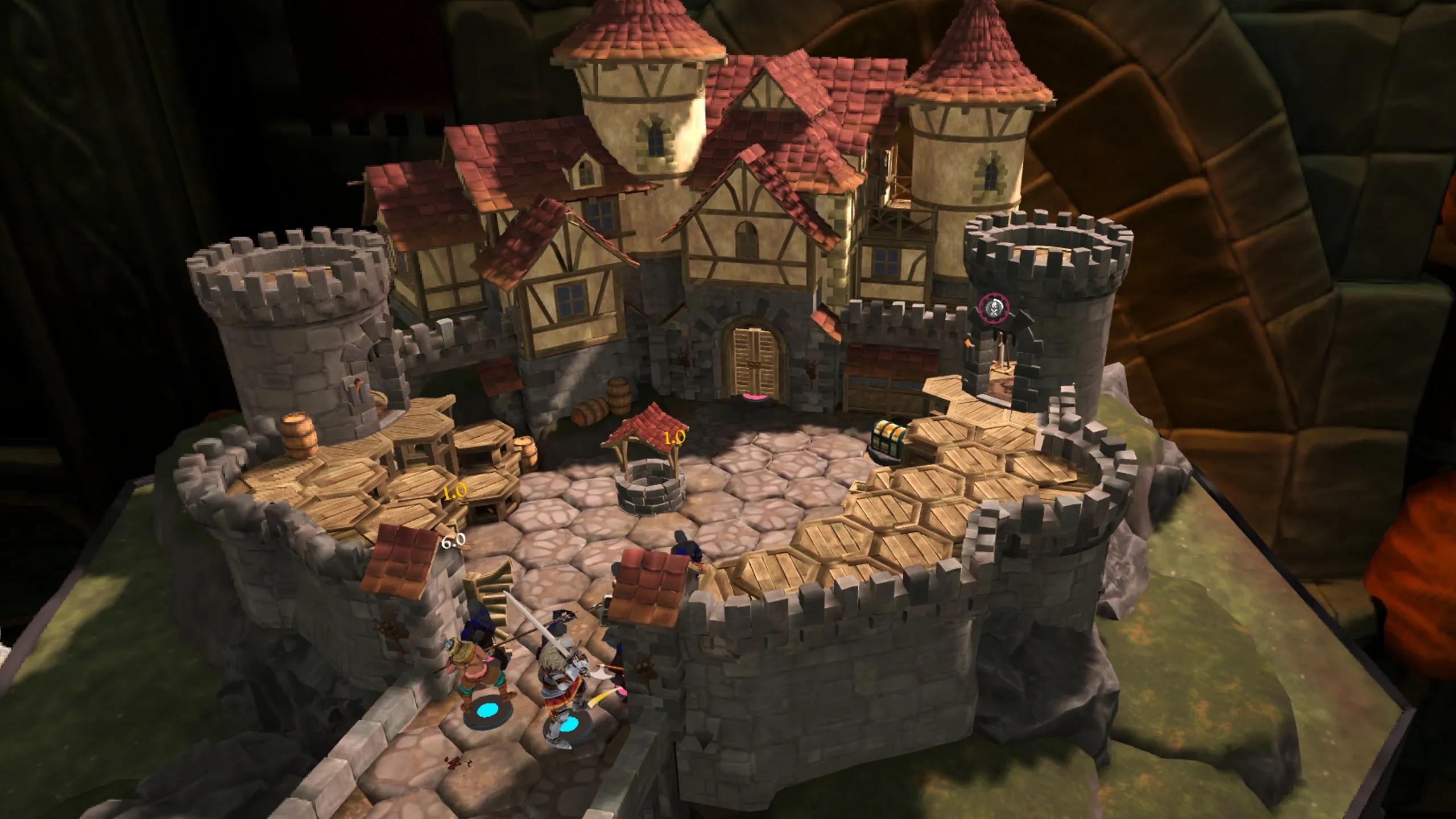 Floating fortress diorama — the tabletop world at room scale.
